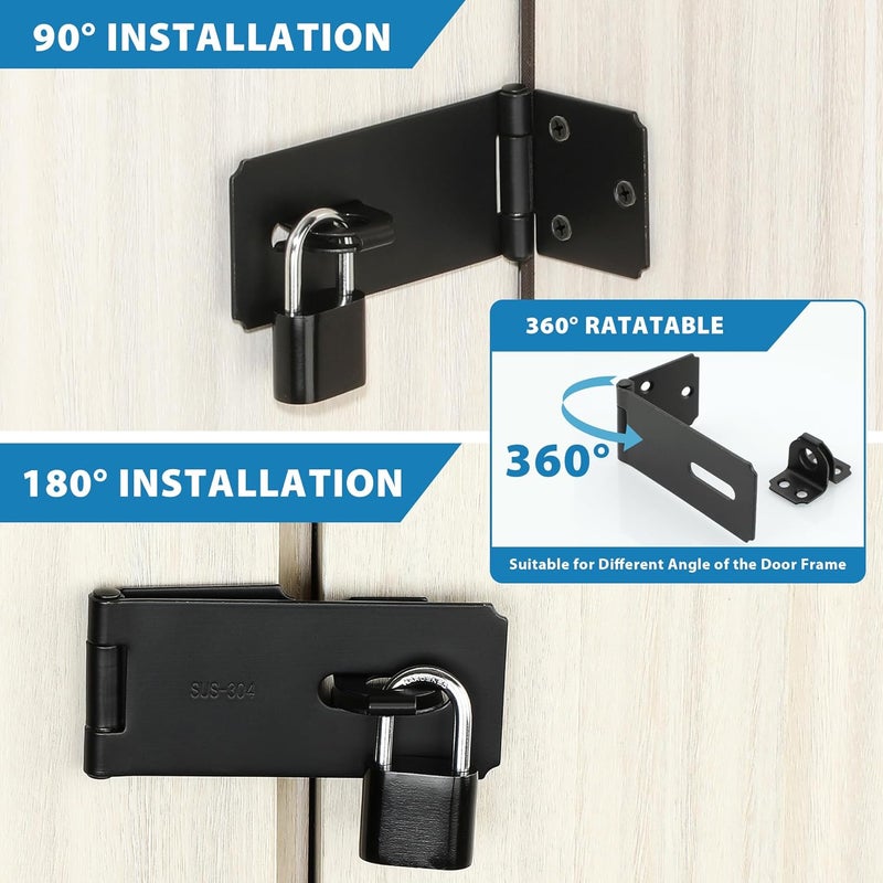 Mooche Door Lock Hasp Latch, Thicked SUS304 Stainless Steel Security Packlock Clasp Hasp Lock Latch for for Interior Door Front Door Toilet Door Barn Door Fence Door Garage Door Pet Room (Black, 3.15 Inch) - Image 3